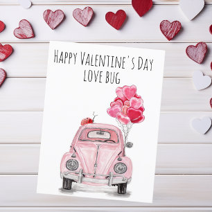 Happy Valentine's Day Love Bug Pink Car Balloons Holiday Postcard