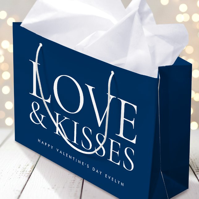Happy Valentine's Day Love & Kisses Navy Blue Large Gift Bag (Creator Uploaded)