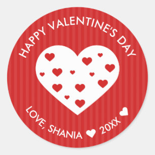 Happy Valentine's Day Lovely Red White Hearts Classic Round Sticker