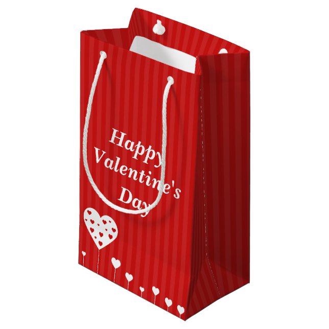 Happy Valentine's Day Lovely Red White Hearts Small Gift Bag (Front Angled)