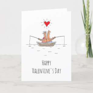 Happy Valentine's Day Lovers Fishing Red Heart Holiday Card