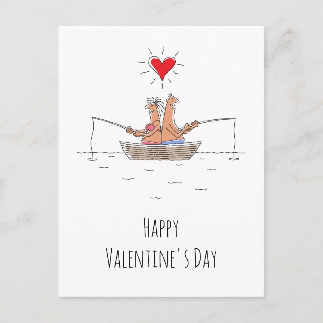 Happy Valentine's Day Lovers Fishing Red Heart Postcard (Front)