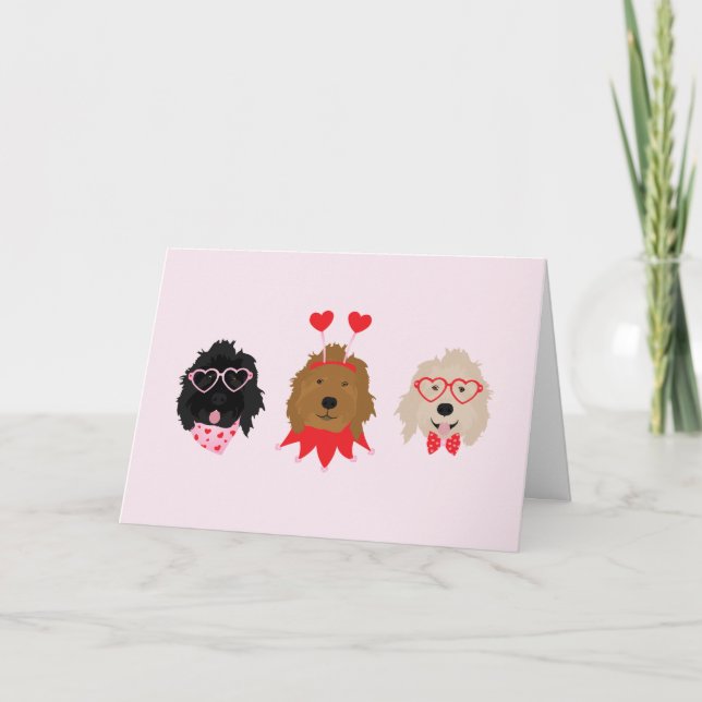 Happy Valentines Day Mini Goldendoodle Dogs Holiday Card (Front)