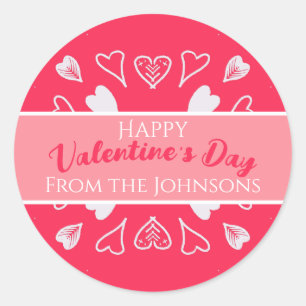 Happy Valentine's Day Modern Pink Family Name Classic Round Sticker