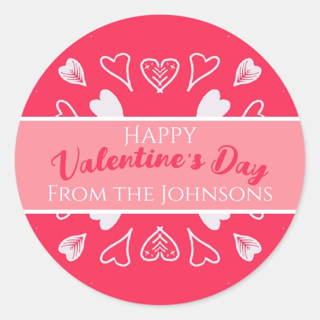 Happy Valentine's Day Modern Pink Family Name Classic Round Sticker (Front)