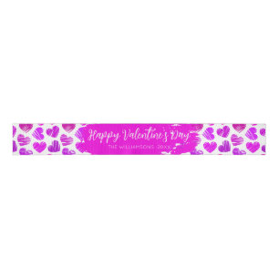 Happy Valentines Day Modern Purple Pink Heart Name Grosgrain Ribbon