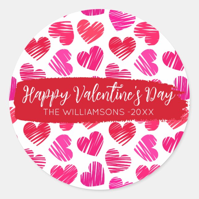 Happy Valentines Day Modern Red Pink Hearts Name Classic Round Sticker (Front)