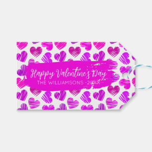 Happy Valentines Day Modern Red Pink Hearts Name Gift Tags