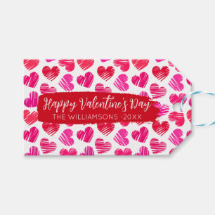 Happy Valentines Day Modern Red Pink Hearts Name Gift Tags