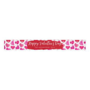 Happy Valentines Day Modern Red Pink Hearts Name Grosgrain Ribbon