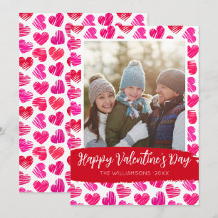 Happy Valentines Day Modern Red Pink Hearts Photo Holiday Card