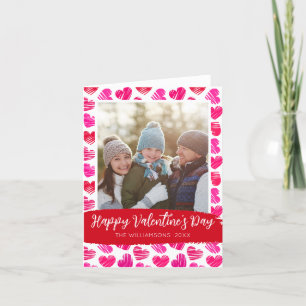 Happy Valentines Day Modern Red Pink Hearts Photo Holiday Card