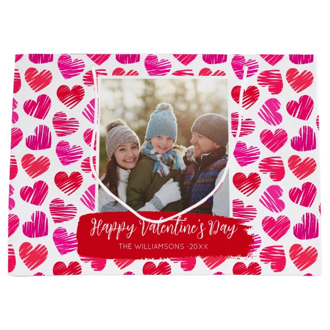Happy Valentines Day Modern Red Pink Hearts Photo Large Gift Bag (Front)