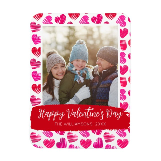 Happy Valentines Day Modern Red Pink Hearts Photo Magnet (Vertical)