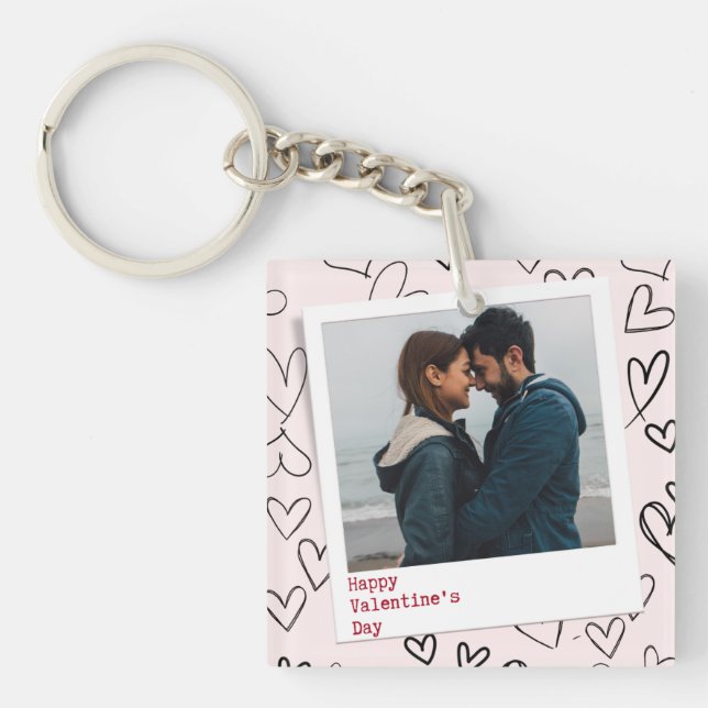 Happy Valentines Day Modern Stylish Romantic Photo Key Ring (Front)