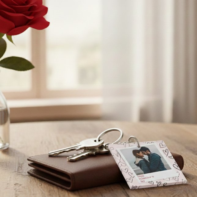 Happy Valentines Day Modern Stylish Romantic Photo Key Ring (Creator Uploaded)