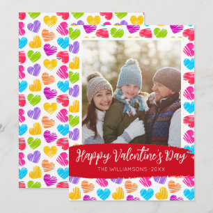 Happy Valentines Day Modern Vibrant Hearts Photo Holiday Card