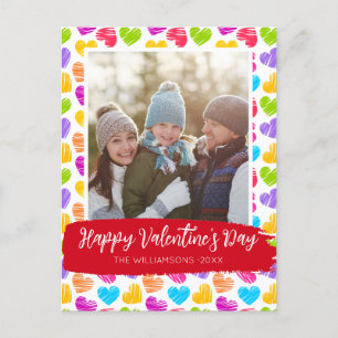 Happy Valentines Day Modern Vibrant Hearts Photo Holiday Postcard