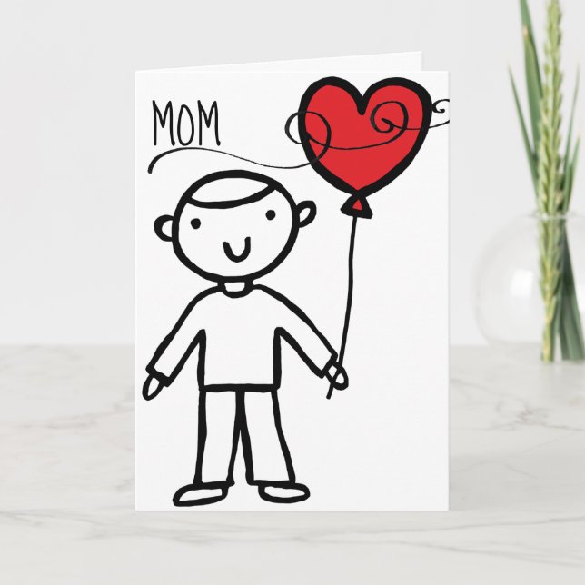 Happy Valentine's Day Mom Red Heart Boy Cartoon Holiday Card (Front)