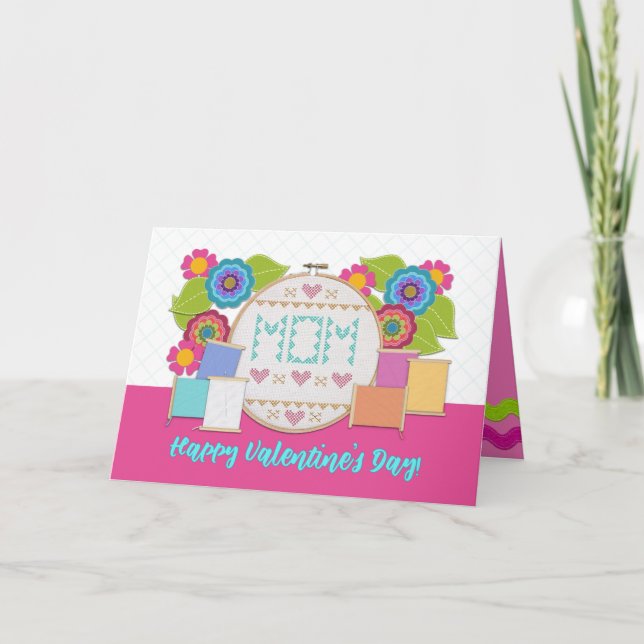Happy Valentine's Day Mum! Embroidery Hoop Thread Card (Front)