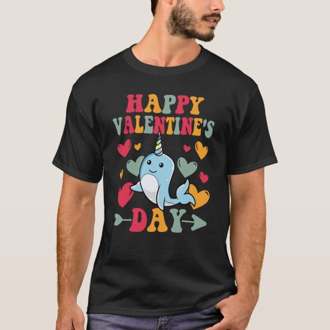 Happy Valentines Day Narwhal Heart Love Groovy T-Shirt (Front)