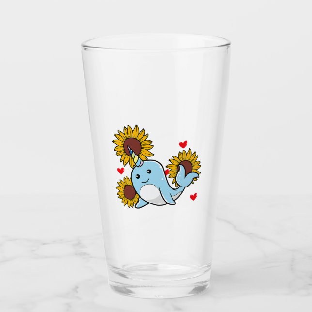 Happy Valentines Day Narwhal With Sunflower Heart Glass (Front)