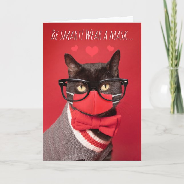 Happy Valentine's Day Nerd Cat in Face Mask Humour Holiday Card (Front)