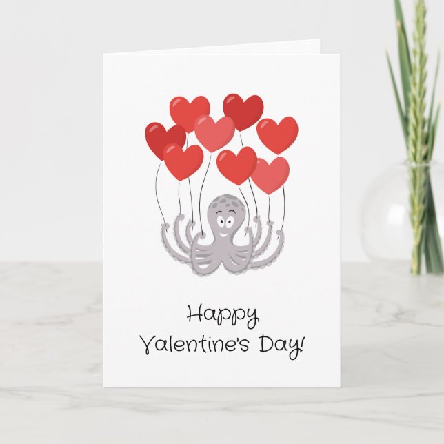 Happy Valentine's Day Octopus Red Heart Balloons Card (Front)