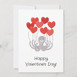 Happy Valentine's Day Octopus Red Heart Balloons Holiday Card