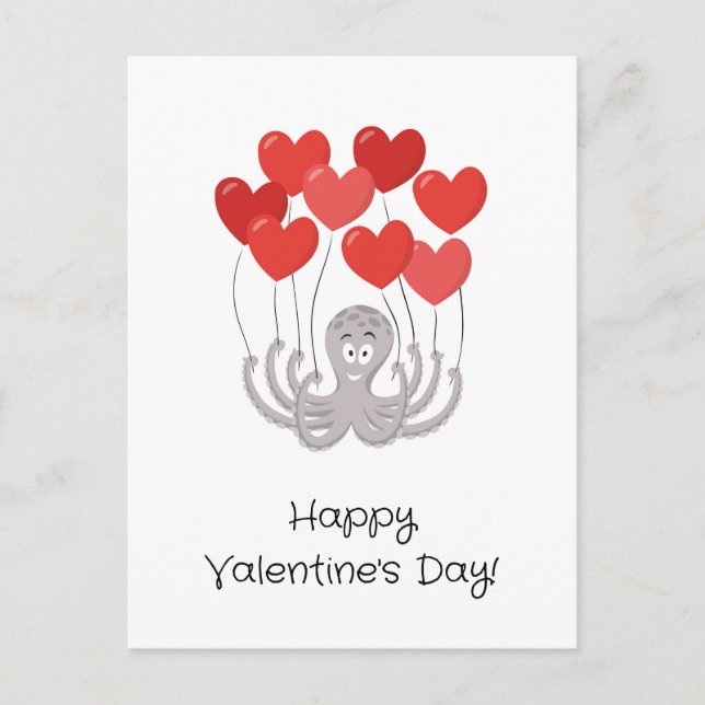 Happy Valentine's Day Octopus Red Heart Balloons Postcard (Front)