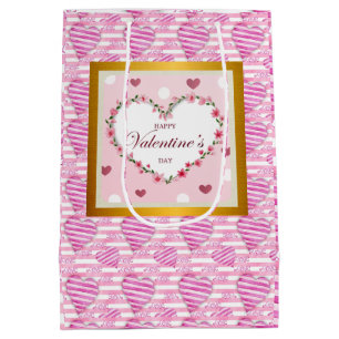 Happy Valentine's Day on Heart and Pink Flowers Medium Gift Bag