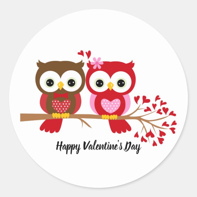 Happy Valentine's Day Owls Classic Round Sticker (Front)