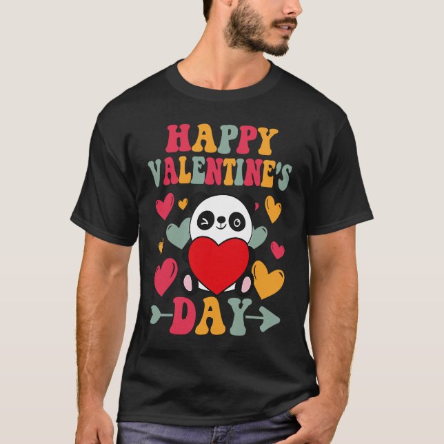 Happy Valentines Day Panda Heart Love Groovy T-Shirt (Front)