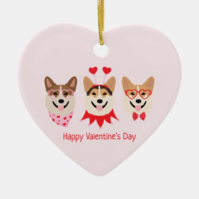 Happy Valentines Day Pembroke Welsh Corgi Dogs Ceramic Tree Decoration (Front)