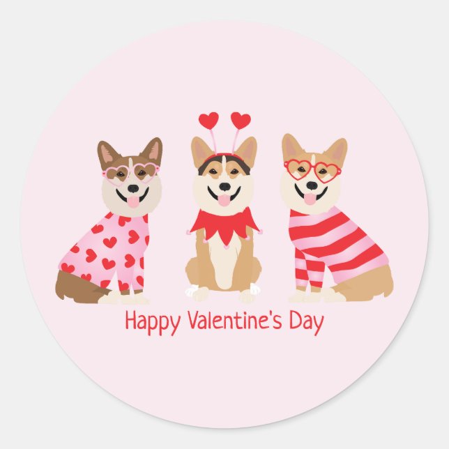 Happy Valentines Day Pembroke Welsh Corgi Dogs Classic Round Sticker (Front)