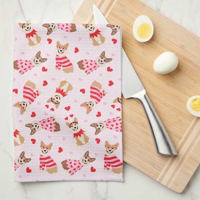 Happy Valentines Day Pembroke Welsh Corgi Dogs Tea Towel (Quarter Fold)