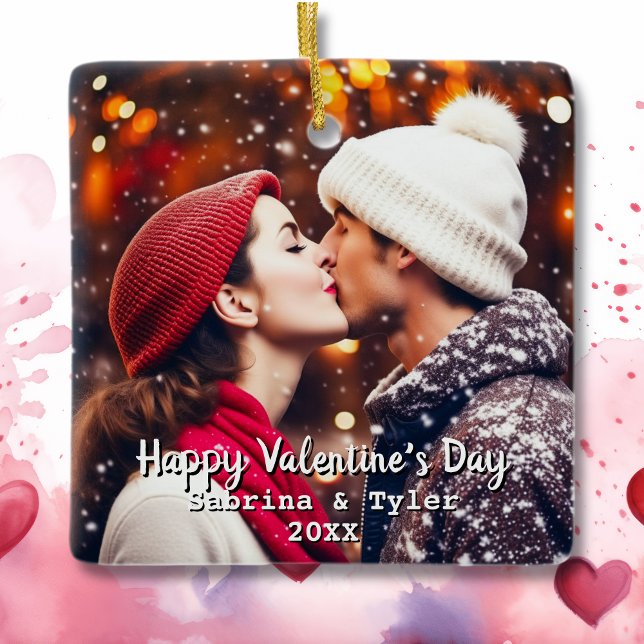 Happy Valentine's Day Personalised Photo & Names Ceramic Ornament (Creator Uploaded)