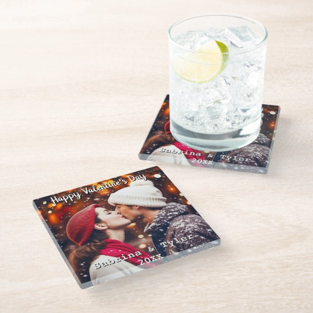 Happy Valentine's Day Personalised Photo & Names Glass Coaster (Angled)
