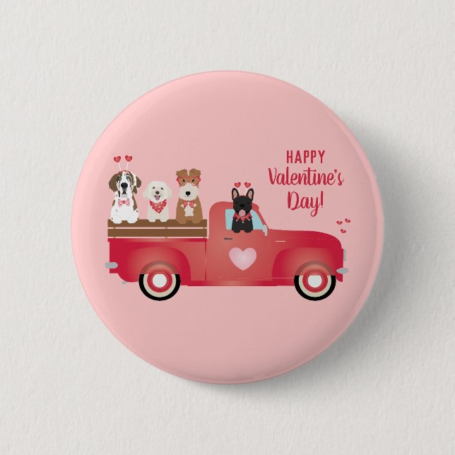 Happy Valentines Day Pickup Truck Love Dogs 6 Cm Round Badge (Front)