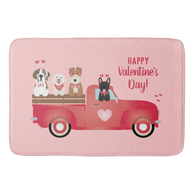 Happy Valentines Day Pickup Truck Love Dogs Bath Mat (Front)