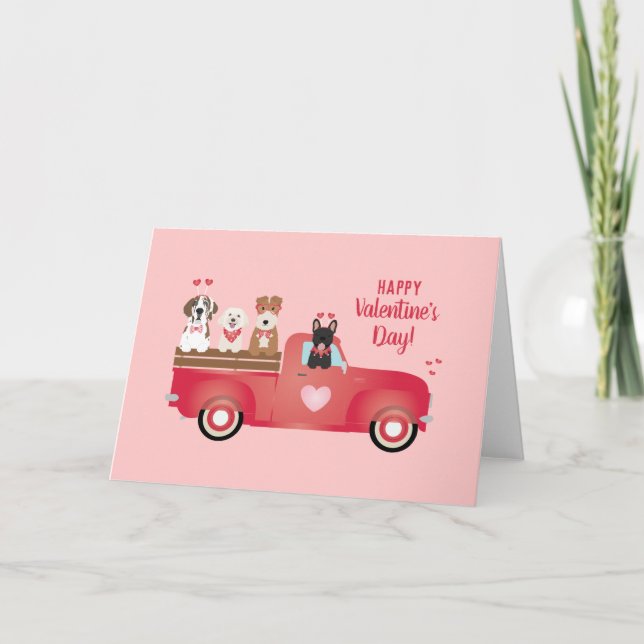 Happy Valentines Day Pickup Truck Love Dogs Card (Front)