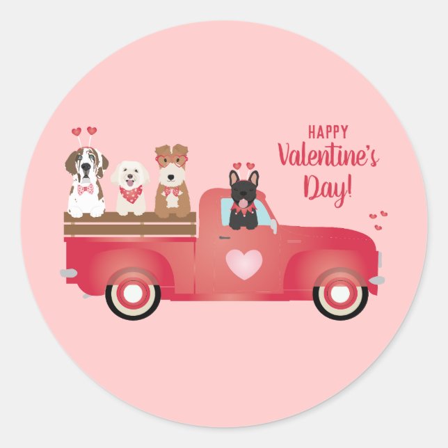 Happy Valentines Day Pickup Truck Love Dogs Classic Round Sticker (Front)