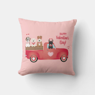 Happy Valentines Day Pickup Truck Love Dogs Cushion