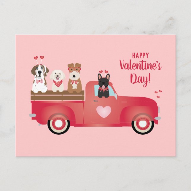 Happy Valentines Day Pickup Truck Love Dogs Holiday Postcard (Front)