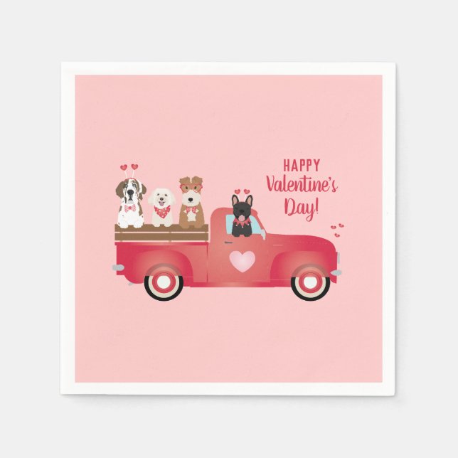 Happy Valentines Day Pickup Truck Love Dogs Napkin (Front)