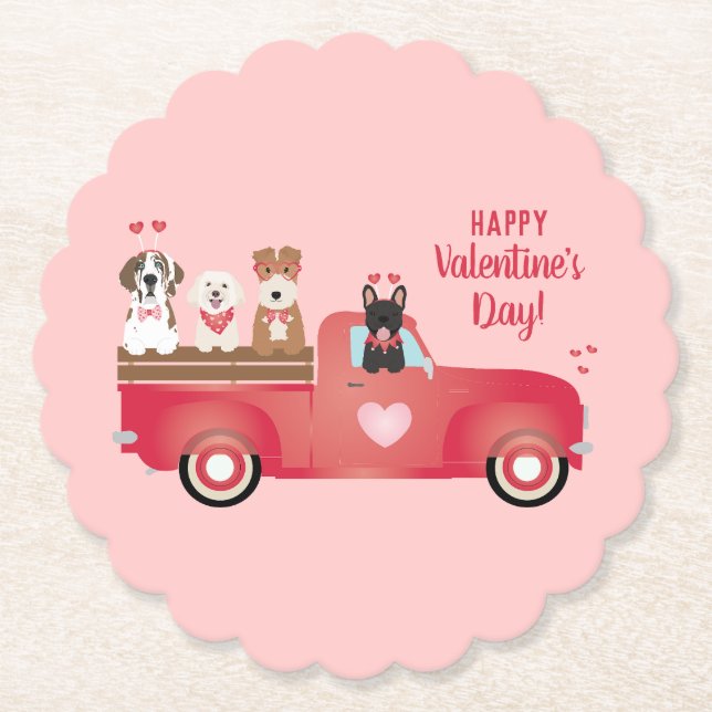 Happy Valentines Day Pickup Truck Love Dogs Paper Coaster (Front)