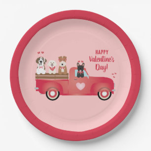 Happy Valentines Day Pickup Truck Love Dogs Paper Plate