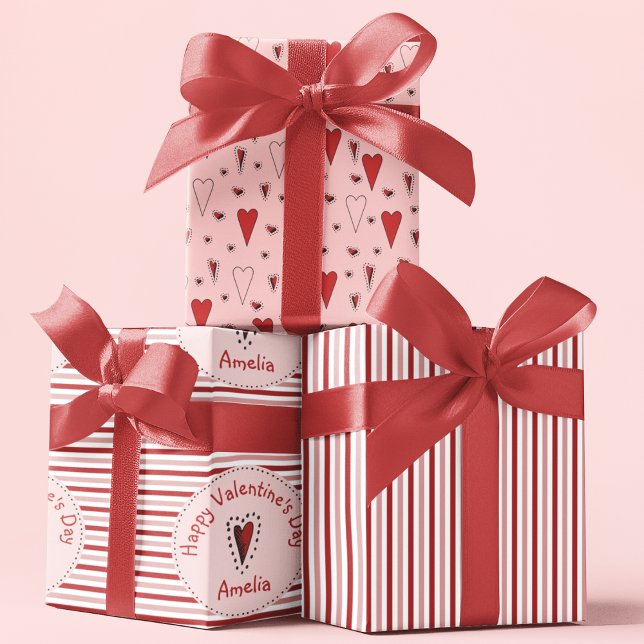 Happy Valentines Day Pink and Red Stripes & Hearts Wrapping Paper Sheet (Cute Happy Valentine's Day Wrapping Paper for Kids. Red, Pink and White Stripes and Red Hearts. )