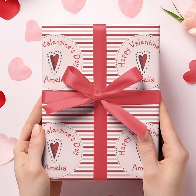 Happy Valentines Day Pink and Red Stripes Wrapping Paper (Cute Happy Valentine's Day Wrapping Paper for Kids. Red, Pink and White Stripes and Red Hearts. )