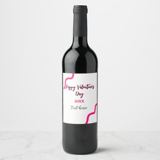 Happy Valentine's day pink black spiral bold lette Wine Label (Front)